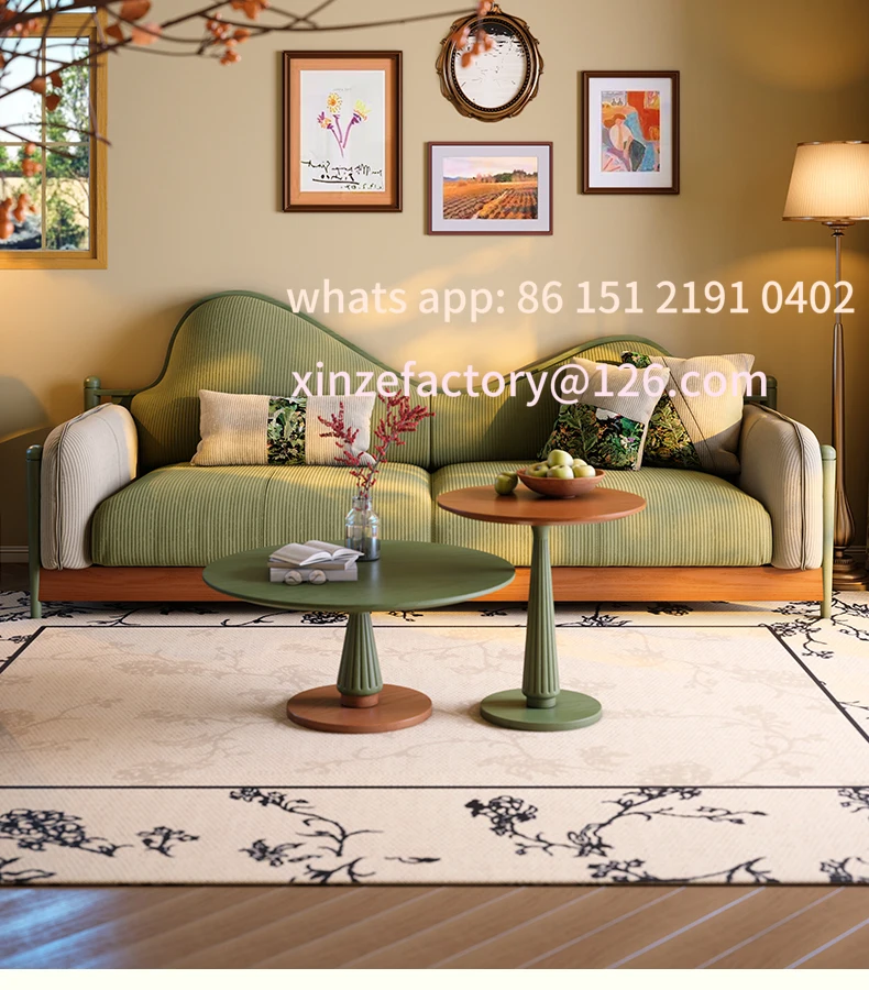 

Customizable fabric sofa French retro style small apartment living room green medieval three-person corduroy solid wood sofa