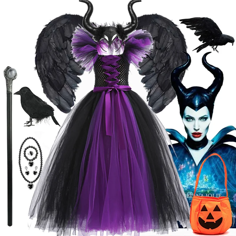 

2-12Y Girls Halloween Cosplay Costume Dress Maleficent Tutu Dresses For Girls 2024 Cosplay Evil Queen Princess Dress Vestido