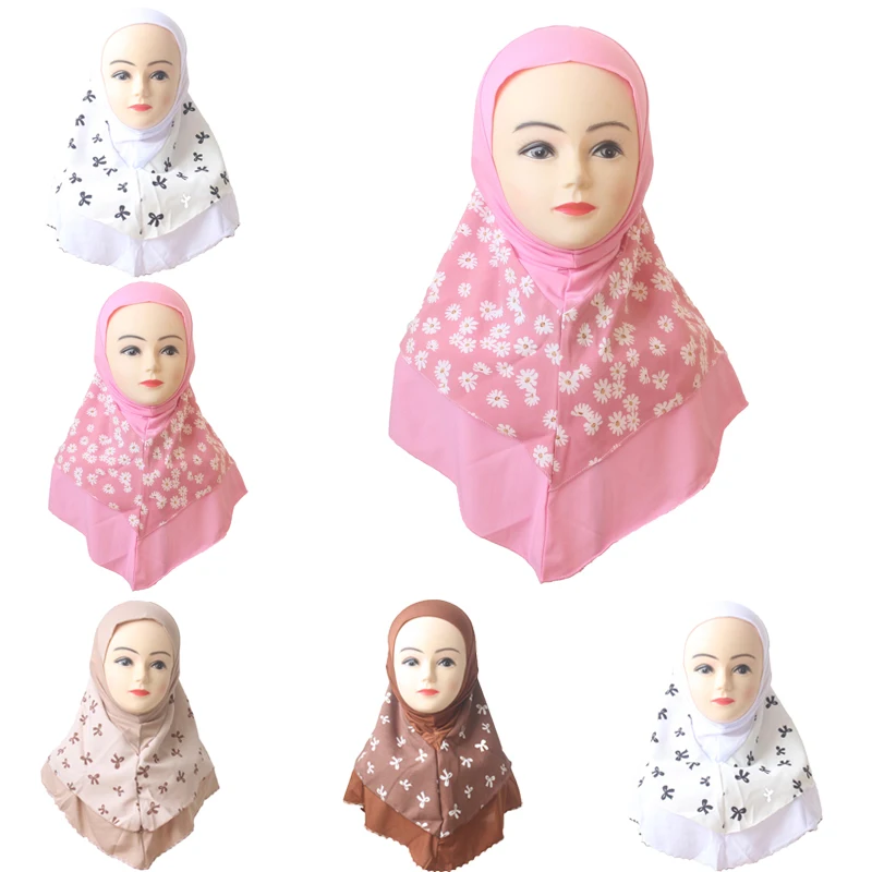 Kids Girls Muslim Arabic Hijab Underscarf School Bow Print Child Headwear Cover Bonnet Shawl Wrap Islamic Headscarf 7-12 Years