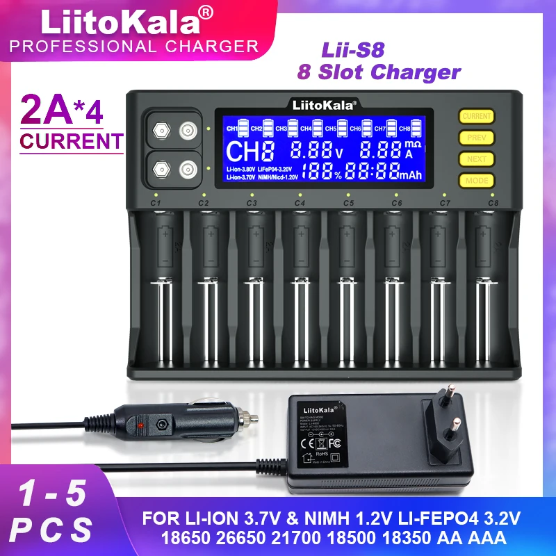 

1-5 liitokala Lii-S8 Li-Ion 3.7v nimh 1.2v li-FePO4 3.2v imr 3.8v 18650 26650 21700 26700 18350 aa aaa battery charger