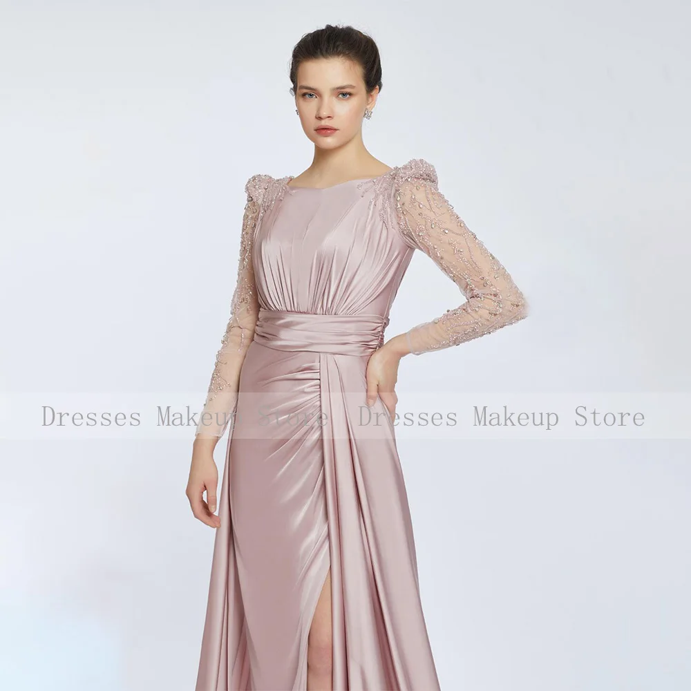 Elegant Mother of the Bride Dresses Pink Satin Beaded Luxury Wedding Guest Gowns for Women Long Sleeves Modest Evening Dress