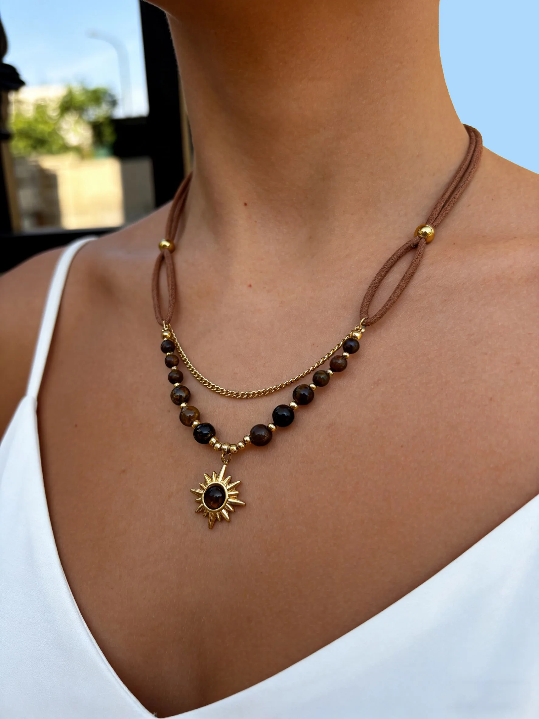 Peri'sbox Vintage Leather Maillard Brown Natural Tiger Eye Stone Pendant Women Necklace Stacking Temperament Fashionable Jewelry