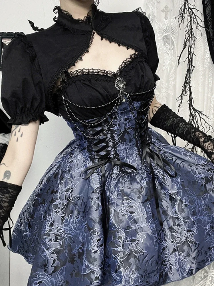 AltGoth Dark Gothic Lolita Dress Women Harajuku Streetwear Aesthetic Fairy Grunge Lace Patchwork Bandage Corset Dress Partywear