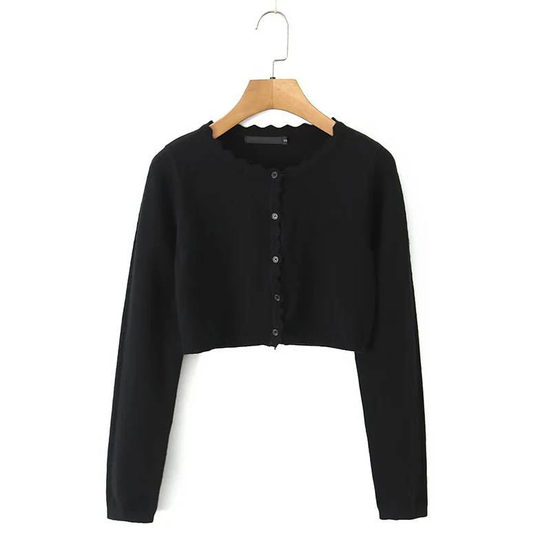 YENKYE 2025 Women Long Sleeve O Neck Wavy Edge Knitted Cardigan Casual Autumn Short Knitwear Tops