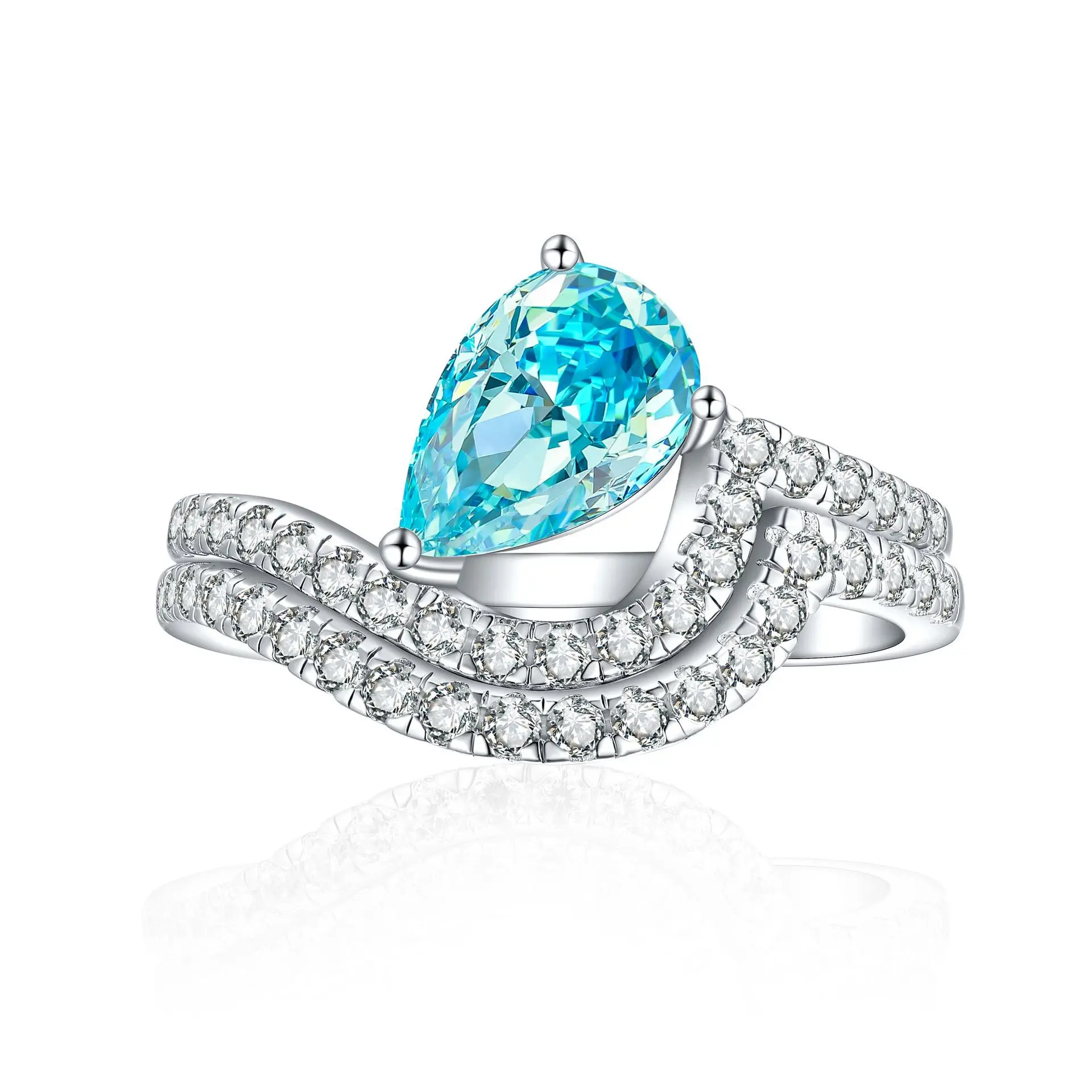 

S925 pure silver plated 18K gold PT950 platinum color treasure ring high carbon diamond gemstone sea blue treasure ring set