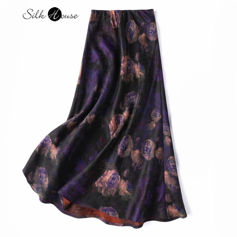 2025 Women's Spring New Large Swing 100% Natural Mulberry Silk Gambiered Guangdong Gauze Slant Cut Slim Black Printed Skirt