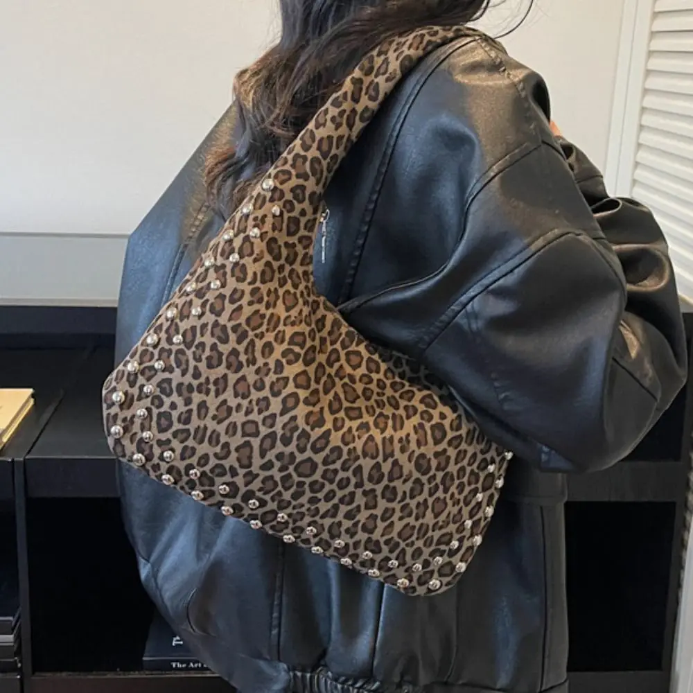 

Модная сумка-тоут в леопардовом принте в стиле lazy style, винтажная ретро-сумка на плечо, элегантная холщовая сумка с заклепками для студентов