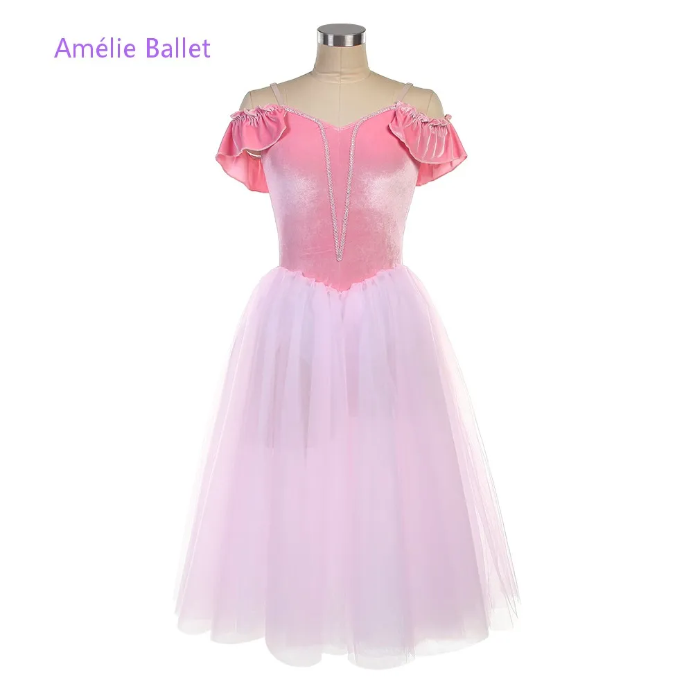 25128 새로운 발레 의상 오프 숄더 핑크 벨벳 로맨틱 롱 발레 의상 무대 공연 댄스 의상 5가지 색상