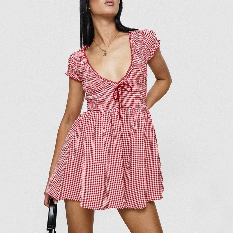 

Maemukilabe Women Plaid Mini Jumpsuit Dress Deep V Neck Short Ruffle Sleeve A-Line Jumpsuit Casual Summer Dress Streetwear