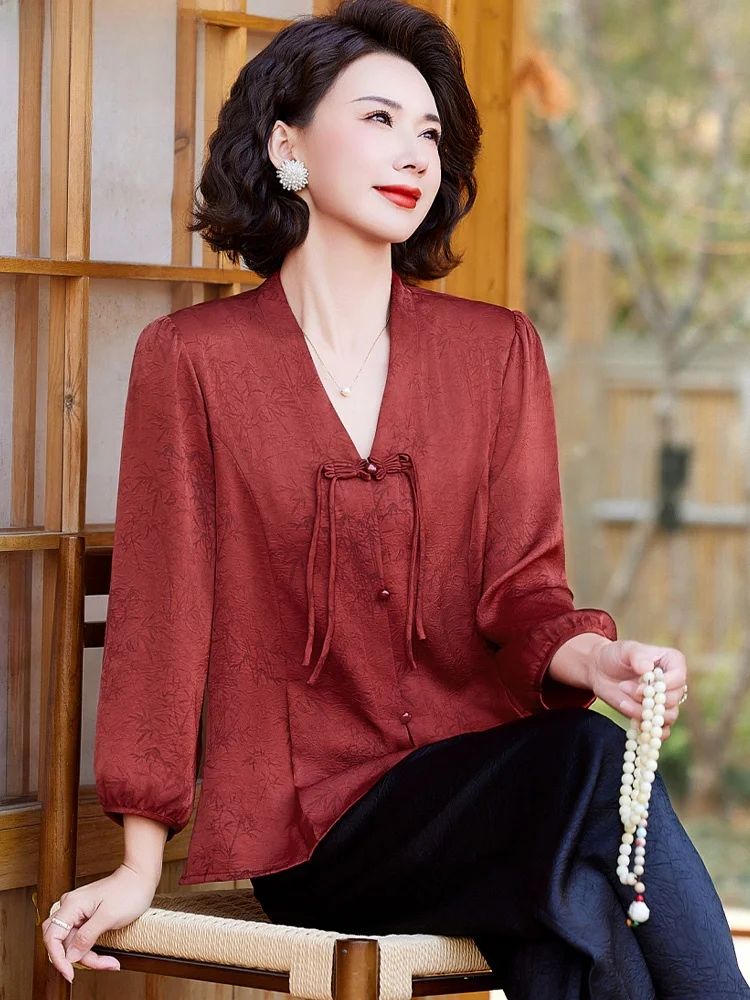 

New Chinese Style Spring Fashion Set Long Sleeve Chiffon Shirt Trendy Middle-Aged Women's Top V-Neck Loose Fit Polyester Blend