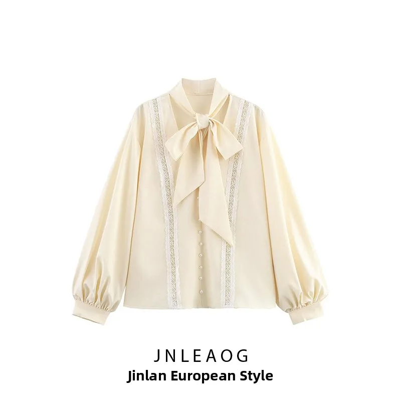 قميص نسائي بأكمام طويلة من البوليستر الفضفاض بتصميم زهري من الدانتيل بأكمام فانوس وأزرار، من مجموعة خريف JNLEAOG الجديدة والأ...