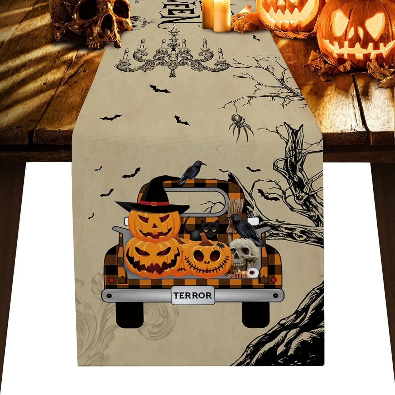 Halloween Pumpkin Truck Black Cat Skull Linen Table Runners Dresser Scarf Decor Reusable Kitchen Dining Table Runners Xmas Decor