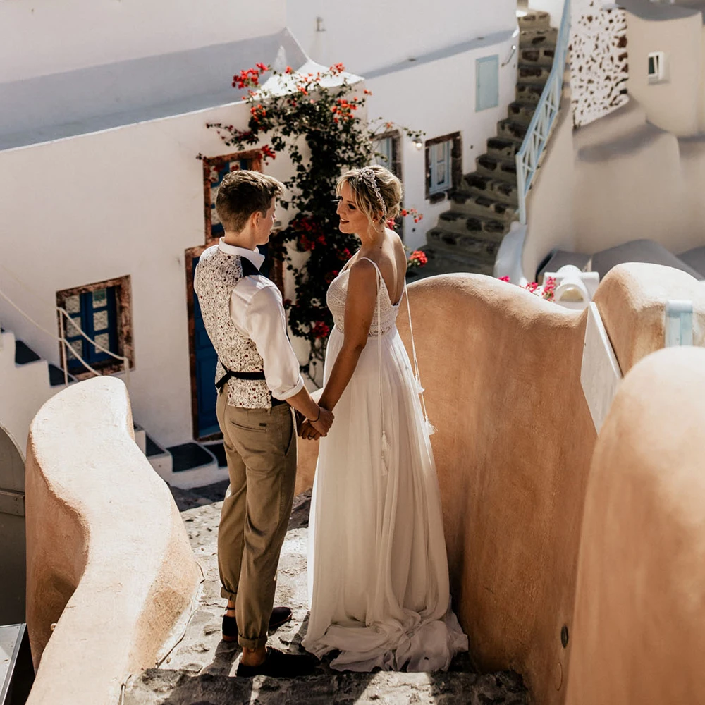 Duas peças boho chiffon vestido de casamento colheita superior boêmio navio da gota sem costas 2022 princesa praia cintas de espaguete laço vestido de noiva