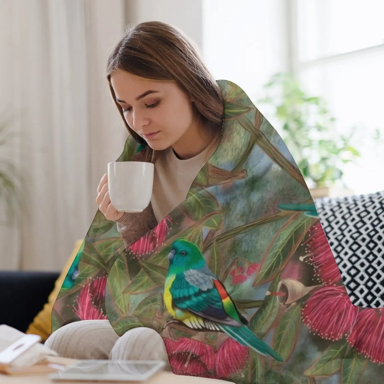 الببغاء الأحمر المنفجر بين أزهار اللثة رمي بطانية لينة أفخم منقوشة الفانيلا المعزي الأرائك البطانيات #3