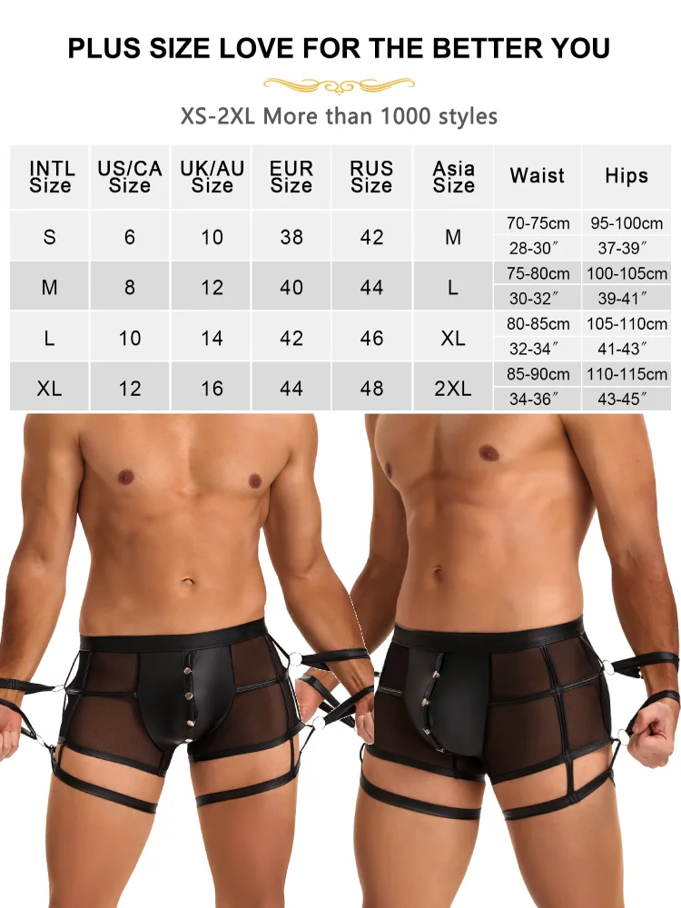 Comeondear Black Men's Leather Boxer Briefs Bondage Panties Plus Size Sissy Underwear Sheer Mesh Lingerie Sexy Intimate Knickers