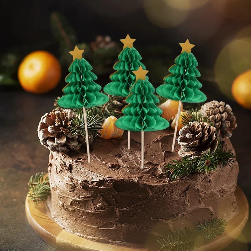 10Pcs Christmas Tree Cupcake Topper Honeycomb Paper Straw 2024 Christmas Party Cake Decoration 2025 New Year Food Fruit Picks