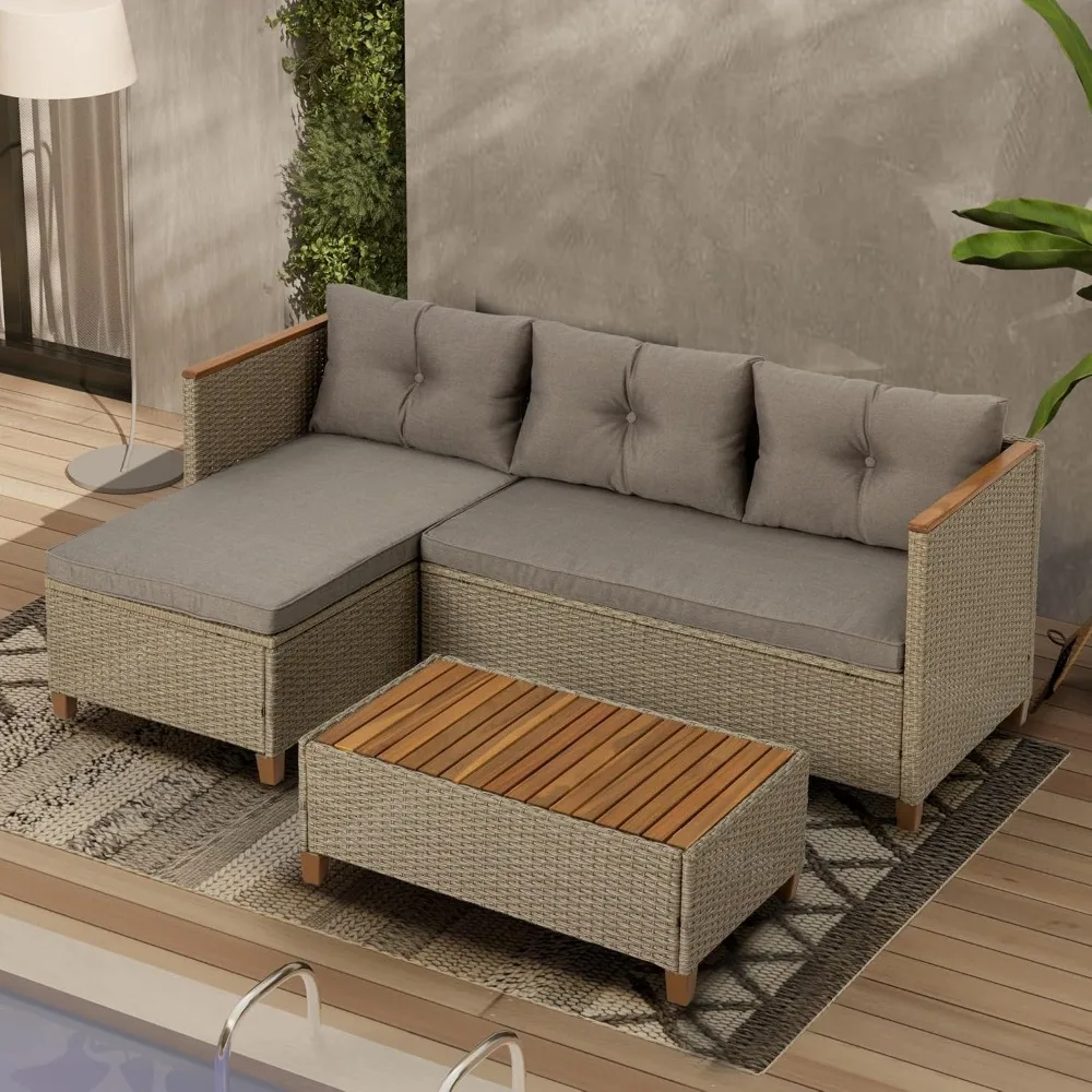 

Patio Furniture Set 3 Piece Outdoor Sectional Sofa Couch Patio Chaise Longue, Rattan Wicker Conversation Set with Acacia