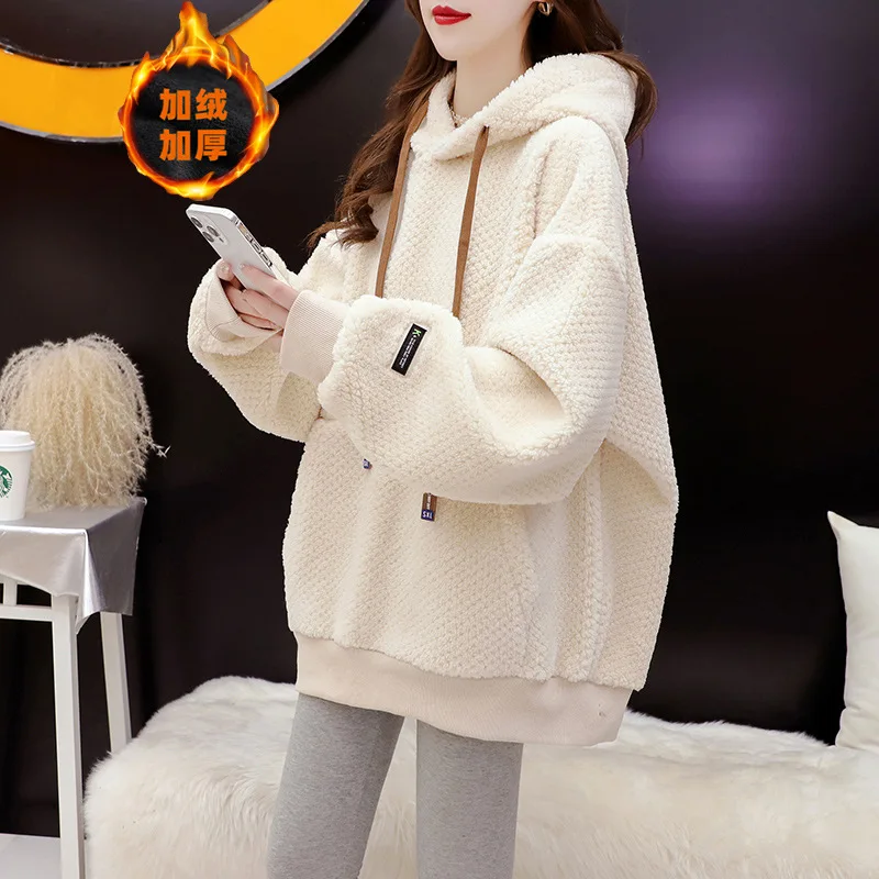 

2024 Spring Autumn Hoodies Women Fleece Thickened Hooded Clothes New Faashion Lamb Wool Loose Hoodies