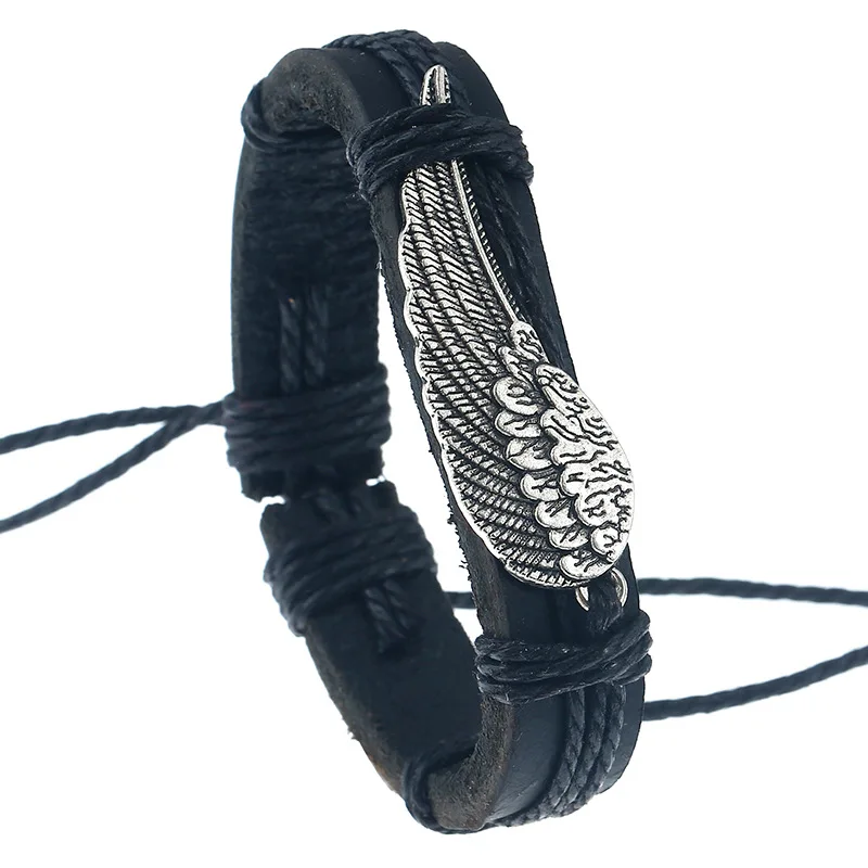 1 Piece Men Vintage Hand Woven Alloy Wing Leather Bracelet Adjustable Feather Bracelet for Men Jewelry For Men