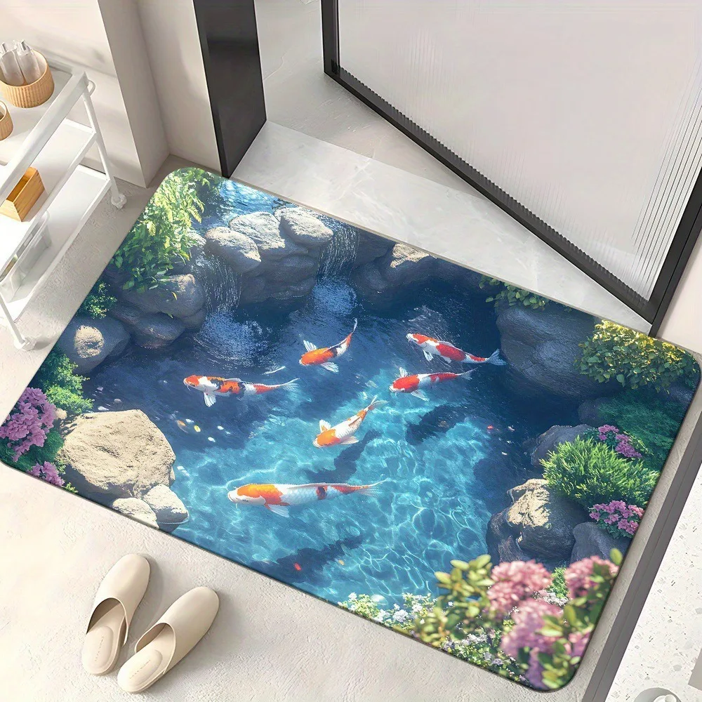 Koi Fish Pond Printed Anti Slip Water Doormat Stylish Rock Pool Pattern Floor Rug Entrance Bathroom Indoor Household Home Mat