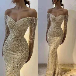 Nude Mermaid Long Luxury Dubai Arabia Evening Dresses 2024 For Women Wedding Party Elegant Pearls Beaded Gowns Vestido De Gala