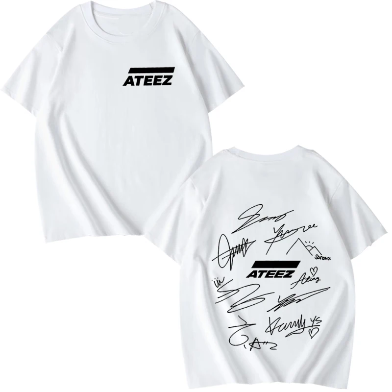 

ATEEZ World Tour с подписями участников группы и геометрическим принтом на спине, футболка для мужчин и женщин, большие летние топы унисекс из 100% хлопка