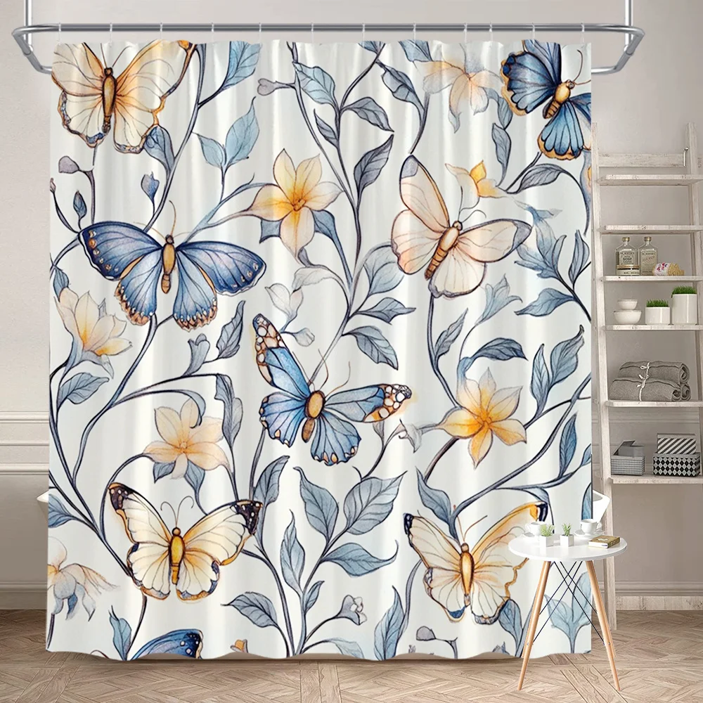 

1 piece of elegant butterfly and floral shower curtain, polyester fabric, machine washable, suitable for bathroom decoration