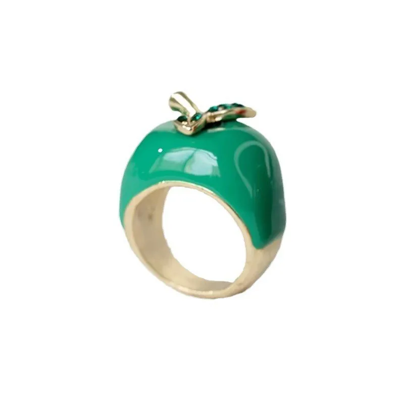 Fashion Cute Green Apple Rings Enamel Oil Drip Rhinestone Poison Apple Rings for Women Exaggerate Rings Cosplay Jewelry Gifts