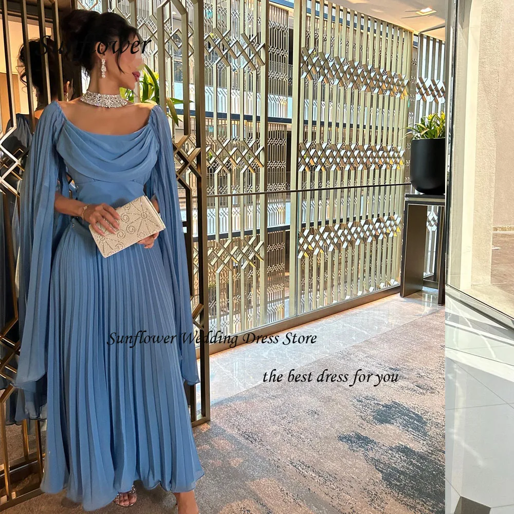 Sunflower Square Collar Evening Dress 2023 Slim Backless Pleat Chiffon Prom dress Sleeveless A-LINE Ankle-Length Pary Dress