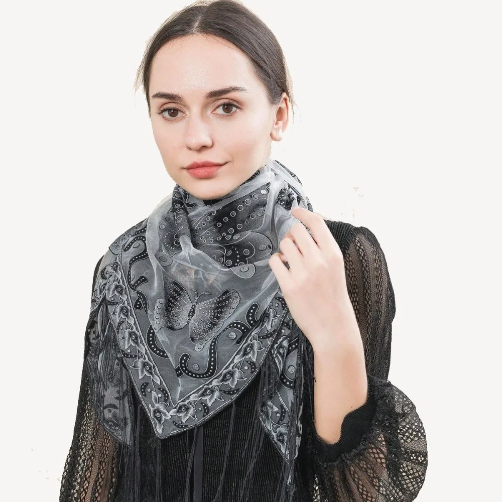 Luxury Flower Lace Hollow Scarf Butterfly Embroidery Tassel Triangle Shawl Wraps Solid Color Mesh Scarves Bridal
