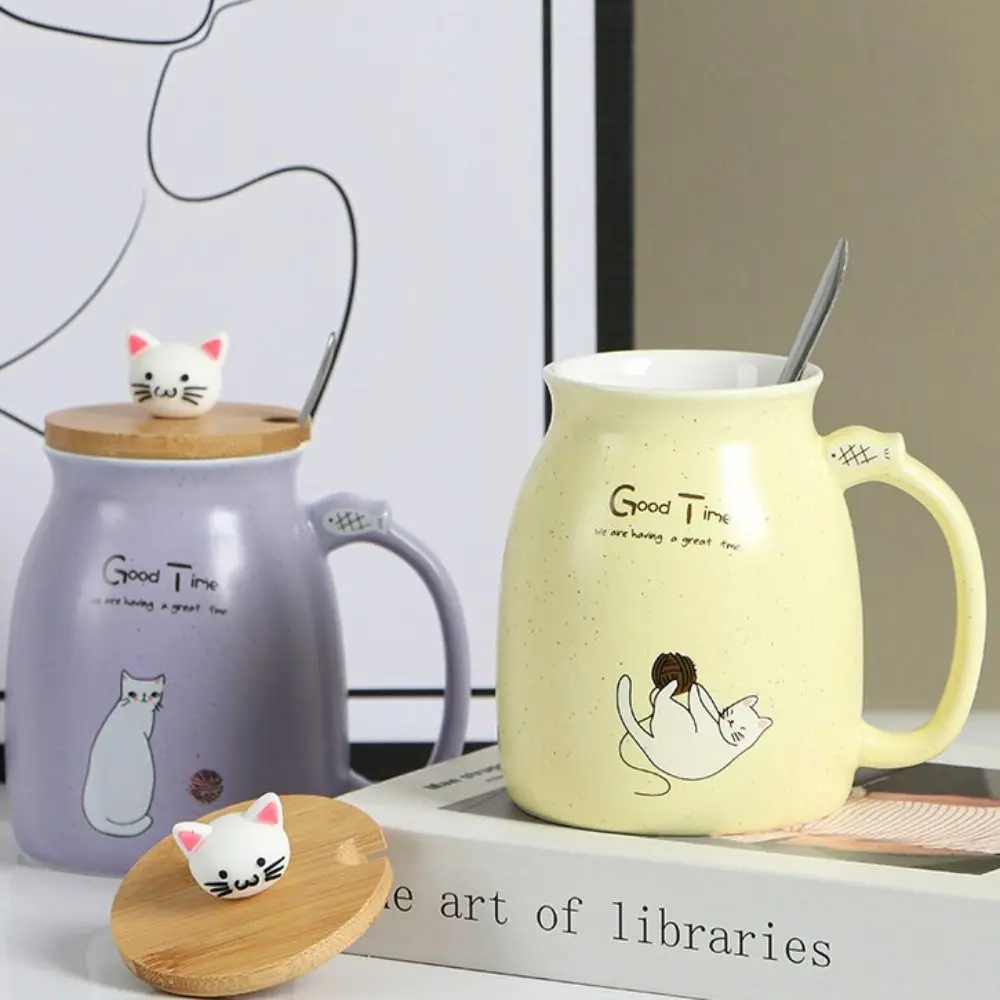 

Drinkware Japanese Style Cartoon Cat Mug Ceramic with Wooden Lid Tea Cup with Spoon 450ml Iced Yogurt Cup Office