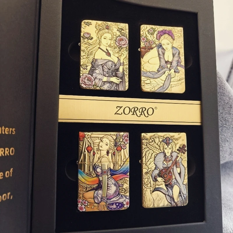 Zorro Genuine 910S Kerosenes Lighter | 3rd Gen Sealed Liner Double-Sided Embossed Titanium Four Beauties Collectible Gift