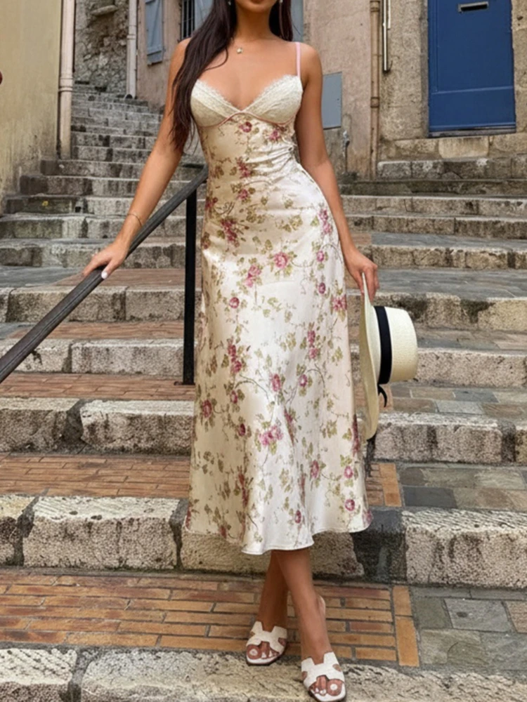 SsTss フレンチ ストリート スタイル V ネック レース サテン スリップ ドレス 女性 花柄 A ライン マキシ ドレス 調節可能なストラップ付き 夏休み用