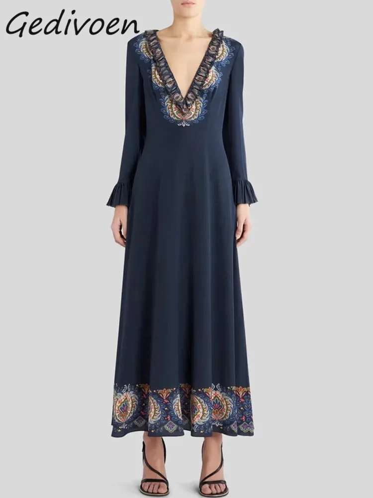 

Gedivoen Autumn Fashion Designer Vintage Pattern Printed Dress Women's Deep V Neck Ruffles Appliques High Waist Slim Long Dress