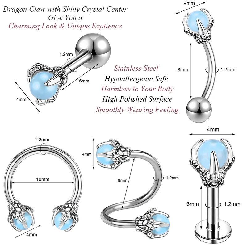 AOEDEJ 16G Dragon Claw Lip Studs Piercing Stainless Steel Labret Ring Dragon Claw Conch Tragus Earring 2022 Piercing Jewelry