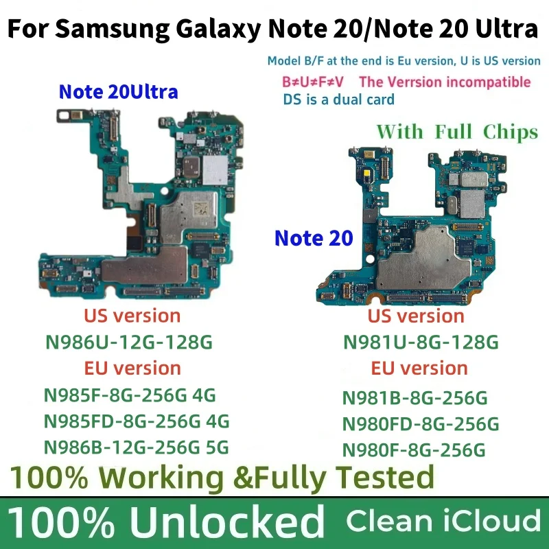 Tested For Samsung Galaxy Note 20 ultra 4G N980F N985F Unlocked Motherboard Note 20 ultra 5G N986B N986U N981U N981B Logic Board