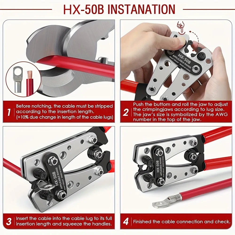 Battery Cable Lug Crimping Tool heavy-duty wire crimper with Cable Cutter and 60Pcs Copper Ring Terminals