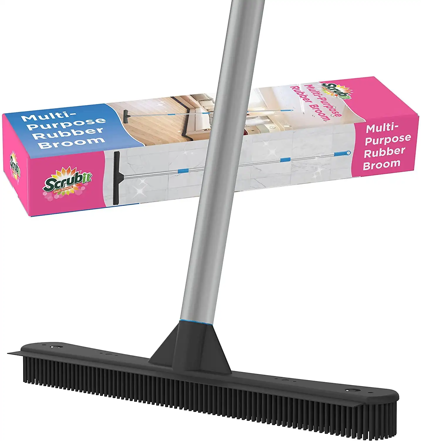 

Средство для удаления метлы, инструмент для удаления шерсти домашних животных с ракелем и регулируемой ручкой, выделяется до 60 дюймов, черный и серебристый