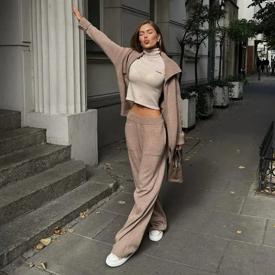 2025 Autumn New Zipper Cardigan Wide Leg Pants Two Piece Set Dark Gray Khaki Light Gray Apricot Multiple Colors Available