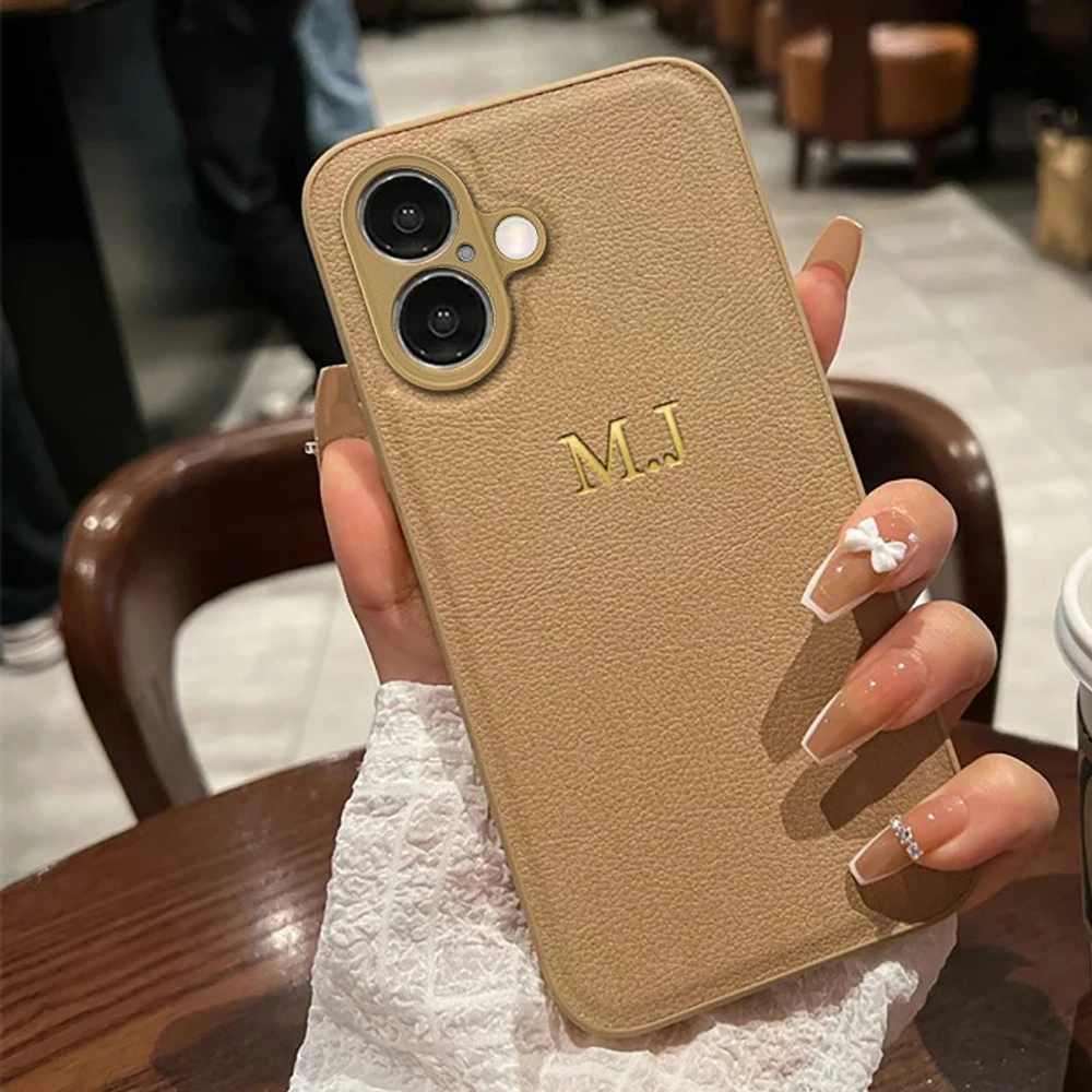 Customized Case For iPhone 16 15 14 13 12 11 Pro Max Plus Personalized Name Initials Letters Luxury Leather DIY Cover 16 Pro Max