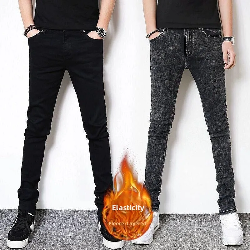 

Thickened Fleece Men's Jeans Autumn Winter Long Casual Slimming Pants Youth Fashion Straight Leg Small Foot