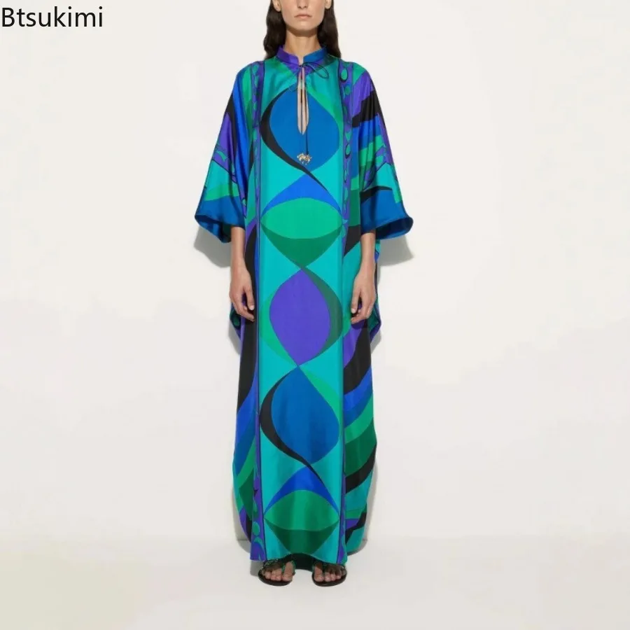 New Geometry Print Maxi Dress for Women Stand Collar Spliced Lace Up Elegant Casual Evening Dresses Spring Summer Women Clothing