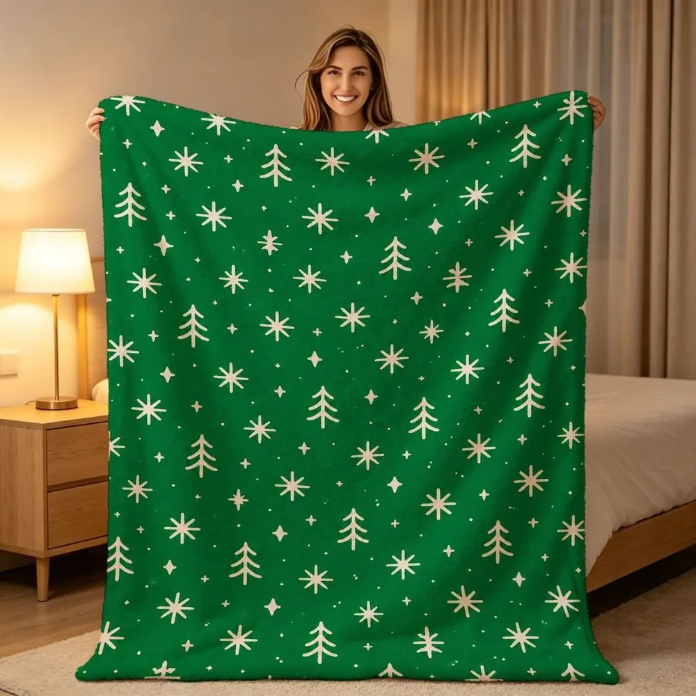Stylized Winter Holiday Print Throw Blanket Geometric Pine Snowflake Star Motif Pattern Soft Warm Sofa Bed Blanket All Season