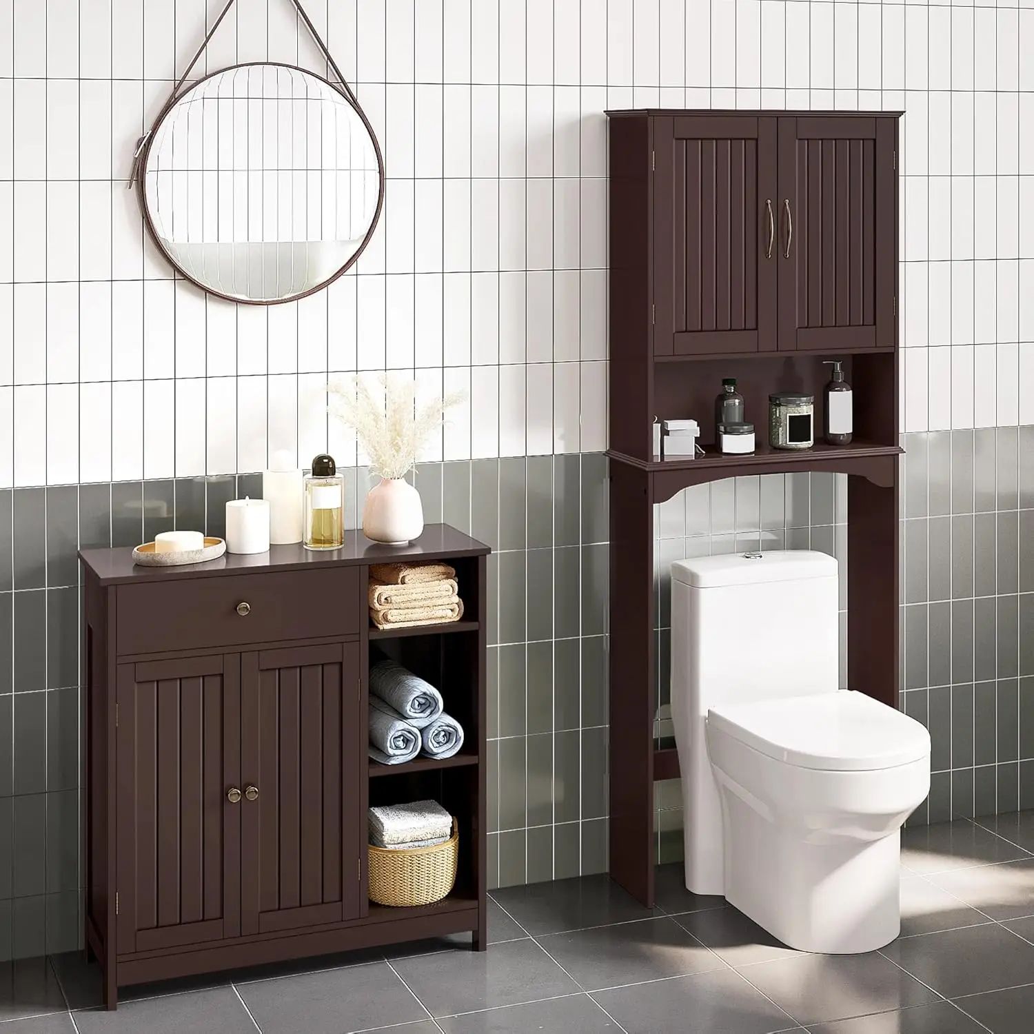 

Bathroom Floor Cabinet, Kitchen Freestanding Storage Organizer, Large Side Cabinet with Doors, Drawer & Adjustable