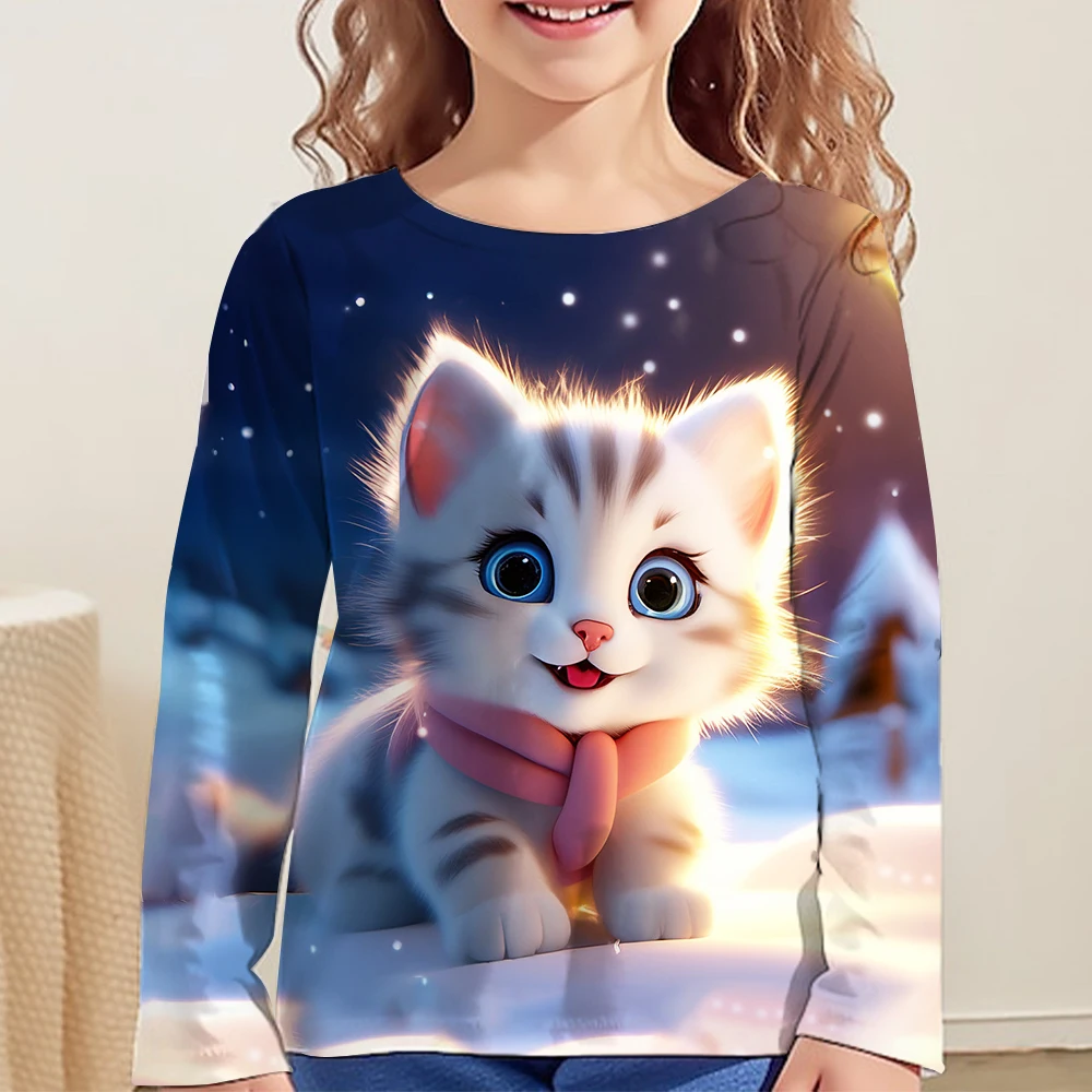 Cute Cat Graphic T Shirts Autumn Kids Clothes Round Neck Children's T-Shirt Cartoon Casual Clothes for Girls Children's Clothing