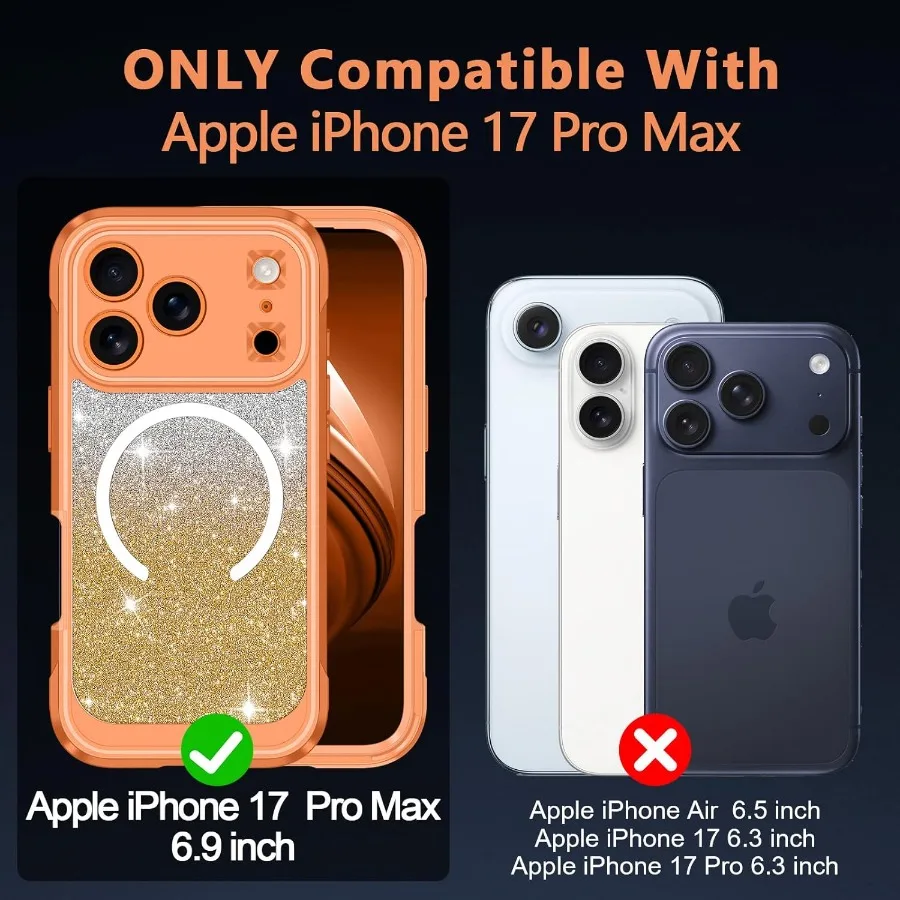 Orange Full Body Shockproof Protective Case for iPhone 17 Pro Max with Built-in Tempered Glass Screen Protector and Camera Lens
