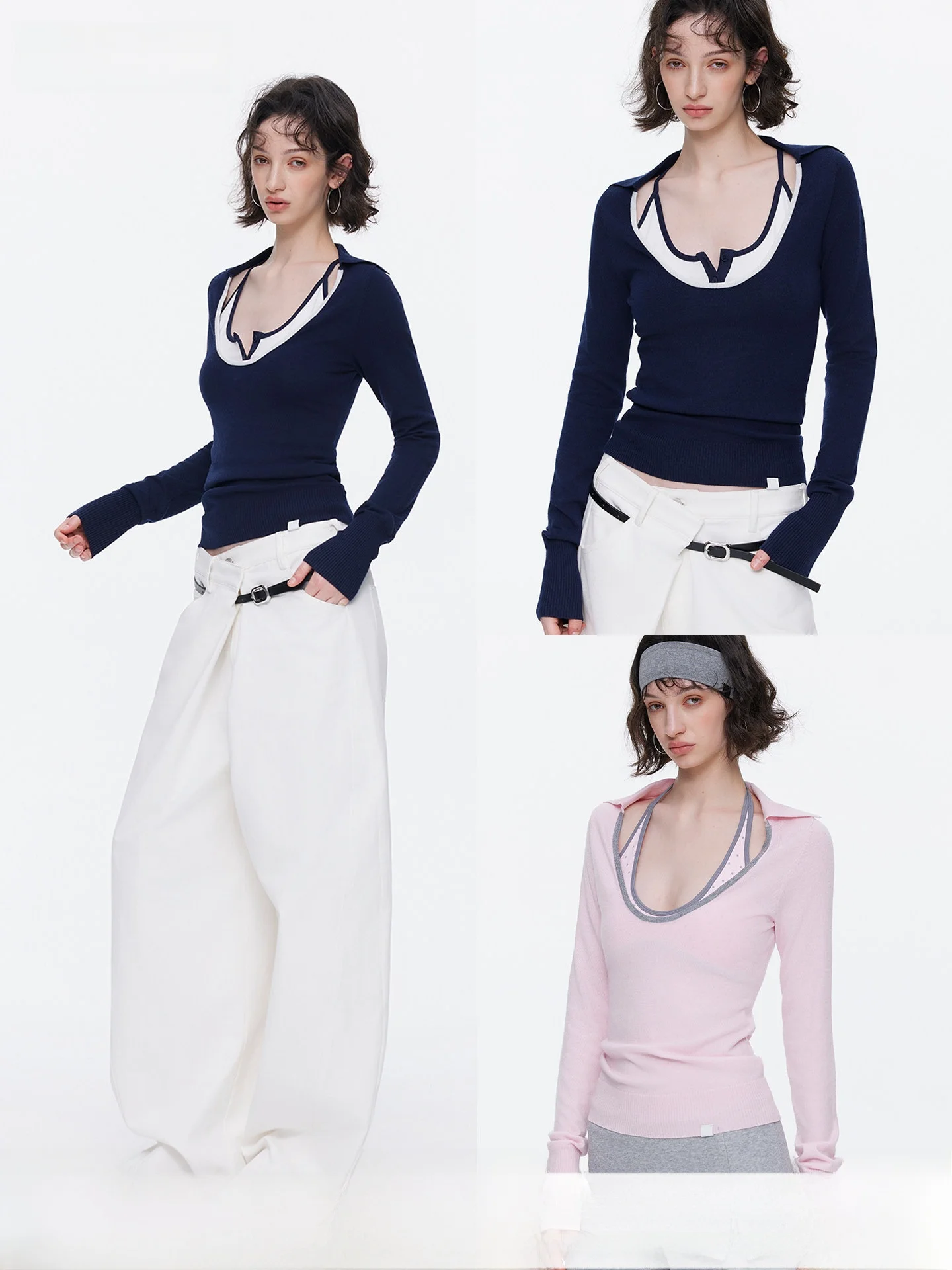 

SaltHe Merino Wool Knitwear Deep U-Ne Long Sve Slim Fit Contrast Color T-irt Soft Skin-Friendly Commute Sle Polyeste...