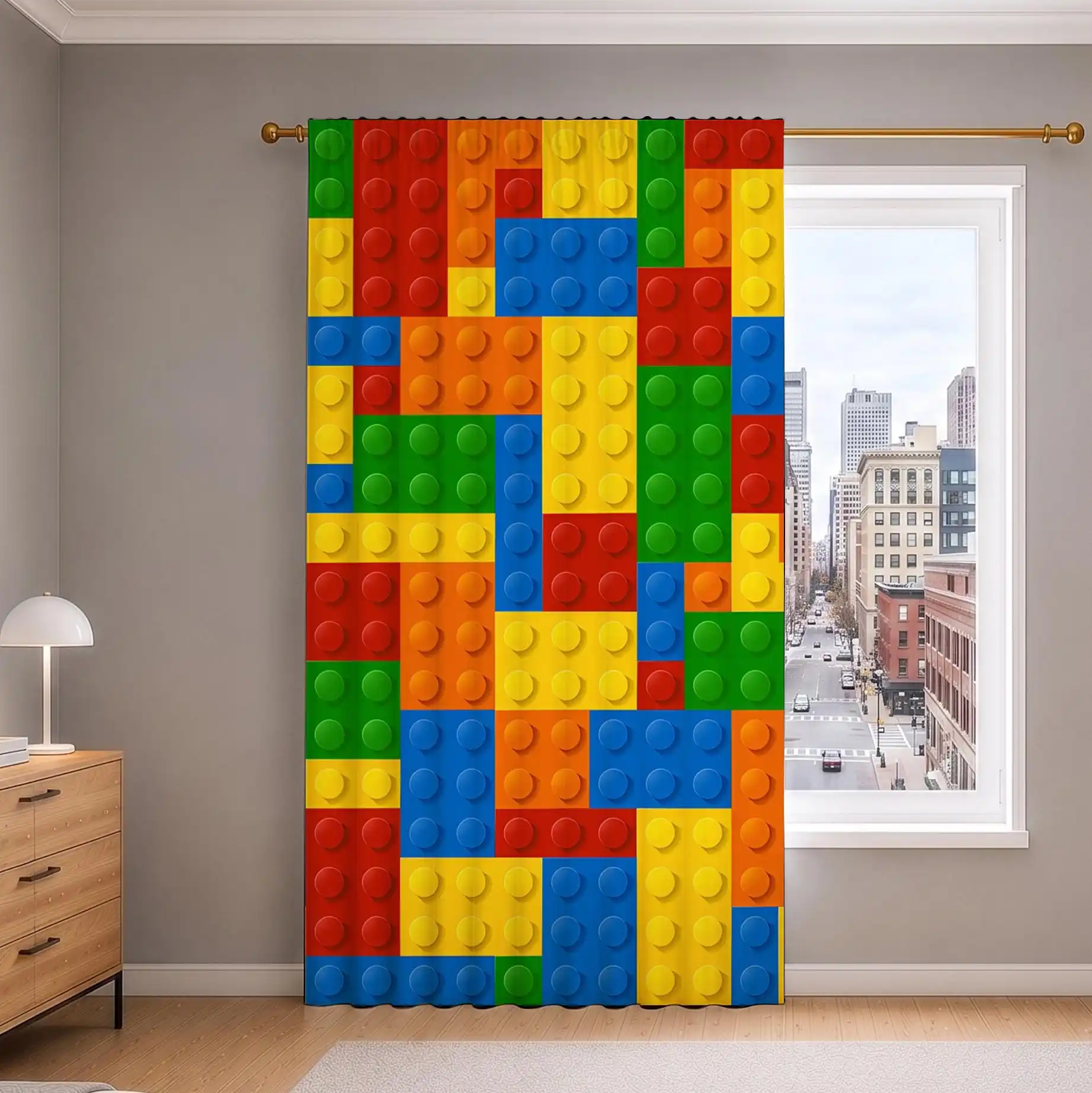 Vibrant Colorful Building Blocks Pattern Curtain for Home Decor Living Room Window Treatment