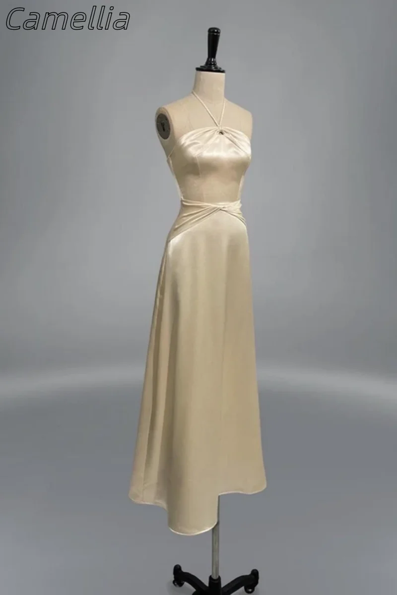 

Elegant Romantic Satin Dress Strapless Sleeveless Ankle-Length Evening Party Gown Customizable