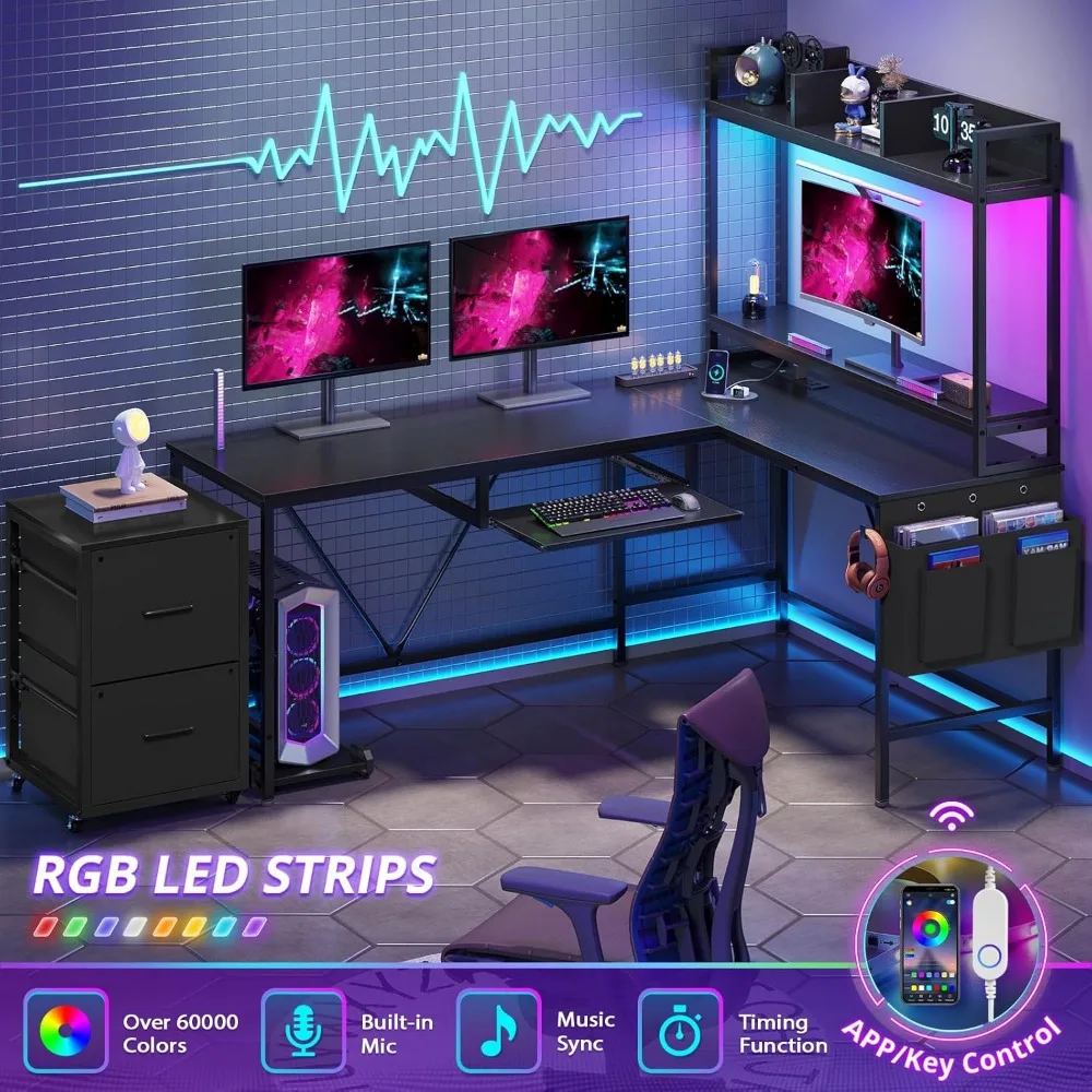 مكتب ألعاب على شكل حرف L مع صينية لوحة مفاتيح، مكتب كمبيوتر قابل للعكس مع مخرج طاقة، مكاتب مكتب منزلية زاوية، كابينة ملفات متنقلة